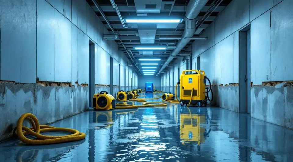 Industrial water extraction equipment and air movers positioned in a large Long Beach commercial warehouse.