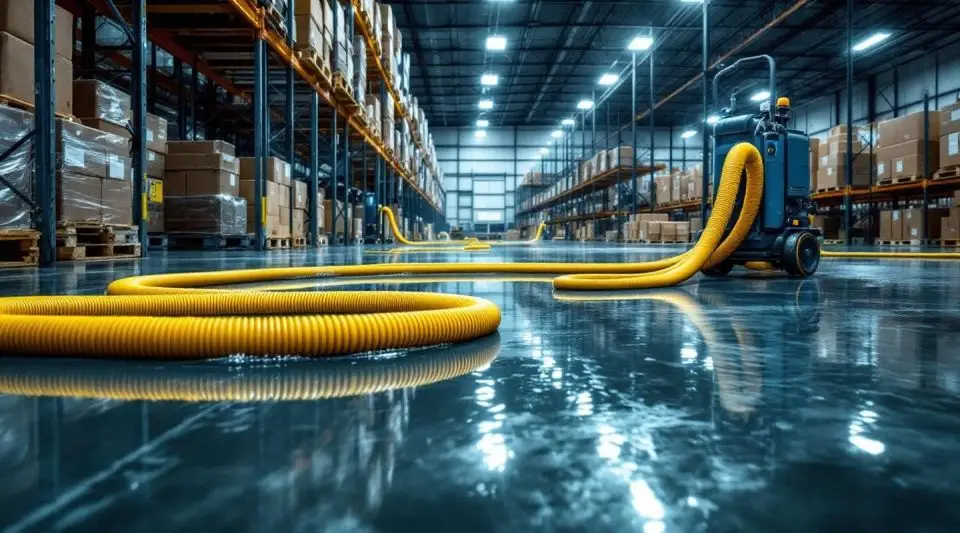 Industrial water extraction team clearing a flooded warehouse near East 4th Street in Long Beach using high-volume pumps.
