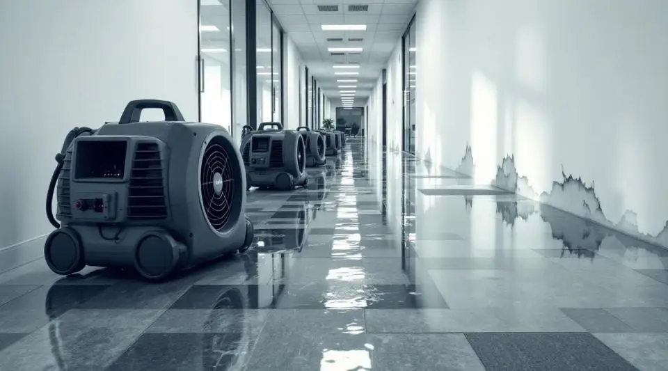 Professional restoration crew using high-capacity water extractors in a flooded Long Beach office lobby.