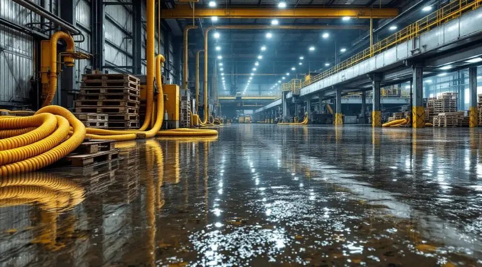 Restoration technicians operating high-capacity water extractors in a flooded Long Beach warehouse environment.