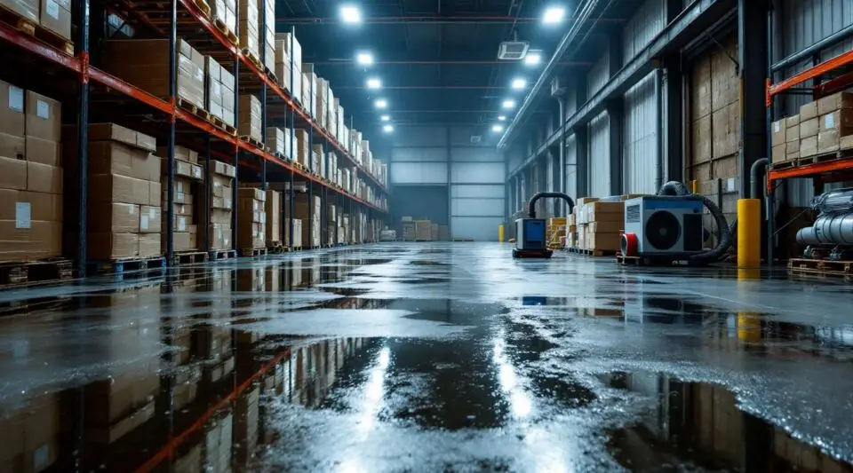 Industrial water extraction team using heavy-duty pumps and air movers on a flooded warehouse floor in Long Beach.